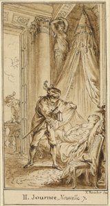 第二天，第七个故事：雅典公爵沉思着沉睡的阿拉蒂尔公主 作者 Hubert François Gravelot 模仿 François Boucher