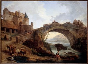 休伯特·罗伯特 (Hubert Robert) (1733-1808) 1776 年创作的《带桥的风景》 0,76x1,04 m 蒙彼利埃法布尔博物馆 作者 休伯特·罗伯特