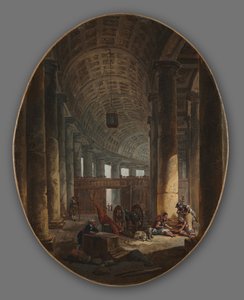 一对画作：罗马圣彼得教堂的柱廊，在会议期间和石窟...，约1769年 作者 休伯特·罗伯特