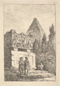图6：石棺：两名男子向左交谈，另一名男子坐下睡觉。 1763-64。 作者 休伯特·罗伯特
