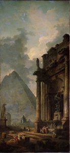 带金字塔的废墟。休伯特-罗伯特（1733-1808 年）的画作，布面油画 作者 休伯特·罗伯特