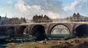 1786 年在巴黎塞纳河畔的巴黎圣母院 (Notre Dame) 桥上拆除房屋，进行了洗船 (boatwash)。 休伯特·罗伯特 (1733-1808) 作画，1786 年 0,86x1,59 m 巴黎，Musee Carnavalet 作者 休伯特·罗伯特