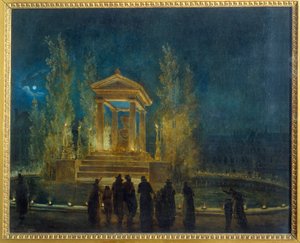 让·雅克·卢梭 (Jean Jacques Rousseau) (1712-1778) 在他的骨灰被翻译成休伯特·罗伯特 (Hubert Robert) (1733-1808) 1794 年的万神殿绘画之前，在杜伊勒里 (Tuileries) 盆地的临时陵墓。 0,65x0,8 m 巴黎，Musee Carnavalet 作者 休伯特·罗伯特