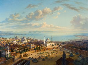 "Vue de Constantinople depuis la tour de Serasker (Bayezid ou Seraskier)" (Constantinople from the Fire Tower of Beyazit) Hubert Sattler (1817-1904) 的油画作品，74x101.5 - 私人收藏