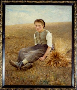 坐在干草上的瑞典小农。 Hugo Salmson (1844-1894) 1886 年作画。 1,34x1,10 m 南特，美术博物馆 - 小拾荒者。 坐在干草上的瑞典小农民。 雨果·萨尔姆森 (1844-1894) 的绘画