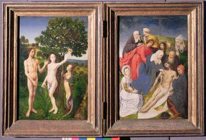 双联画：人类的堕落（亚当和夏娃、蛇和苹果）与耶稣下十字架（1479 年之后） 作者 雨果范德高斯