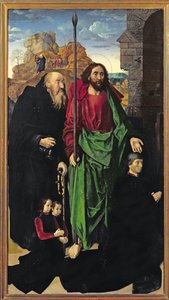 Portinari祭坛画，圣托马斯和圣安东尼隐士与Tommaso Portinari和两个儿子Antonio和Pigello，左翼，c.1479 作者 雨果范德高斯