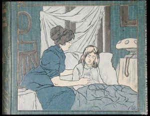 一位母亲在照顾她生病的女儿，来自一本家庭医疗书的封面，约1900年（彩色平版印刷）。 作者 匈牙利学校