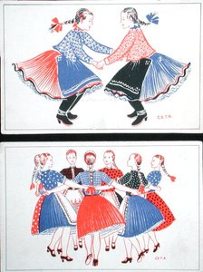 描绘匈牙利传统舞蹈的明信片，约1947-8年（彩色平印）。 作者 匈牙利学校