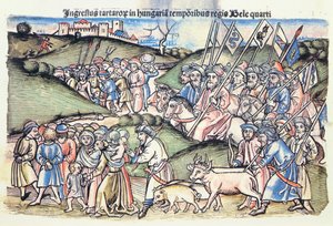 1241年匈牙利入侵Bela IV统治时期的原始彩色木版画
