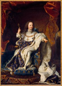 路易十五身着圣衣的五岁儿童肖像，法国国王（1710-1774）。 Hyacinthe Rigaud (1659-1743) 的绘画