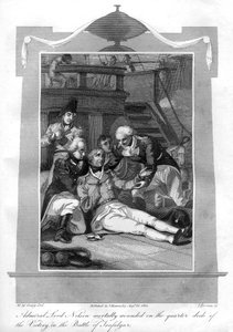 尼尔森海军上将在1816年HMS胜利四分之一甲板上致命伤。