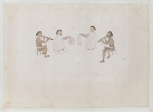 塔希提岛的音乐家。四名大溪地人，两名身着马甲吹鼻笛；两名身着尖塔击鼓，记录于约瑟夫-班克斯的日志 I，290 页 作者 如果米勒