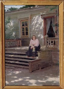 Sur le perron（《门廊上》）。一个孤独的女人坐在房子前的楼梯上，似乎在等人。Jakov Jakovlevich Kalinichenko（1869-1938 年）的画作，布面油画 作者 亚科夫·卡利尼琴科
