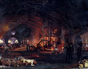 工业革命：“La Grande forge de Fourchambault”，Francois Bonhomme (1809-1881) 1839 年的绘画细节。 Fourchambault 作者 伊格纳斯·弗朗索瓦·博霍姆