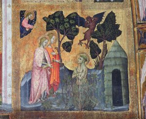 圣弗朗西斯将自己投入棘手的布兰堡，从1393年的Porziuncola壁画 作者 Ilario da Viterbo