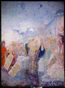 摩西和十诫。在他身后，是金牛。尤里-伊里奇-列宾（Yuri Ilyich Repin）（1877-1954 年）的画作，布面油画，约 1930 年。俄罗斯艺术，20 世纪，现代艺术。I.列宾纪念博物馆，圣彼得堡。 作者 伊利亚·叶菲莫维奇·列宾