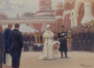 尼古拉斯二世于1896年5月18日在莫斯科彼得罗夫斯基宫的院子里接待农村长老 作者 伊利亚·叶菲莫维奇·列宾
