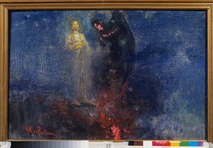 Va t en donc, Satan ！(撒旦，滚开！）。(耶稣基督在夜景中击退魔鬼）。伊利亚-列宾（Ilia Repine）（1844-1930 年）的画作，布面油画，1850 年以后。俄罗斯艺术 作者 伊利亚·叶菲莫维奇·列宾