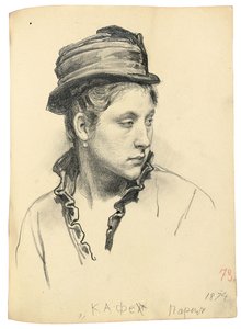 戴着帽子的女人，头转向侧面，1874年 作者 伊利亚·叶菲莫维奇·列宾