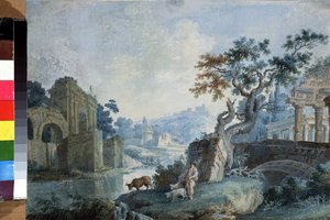 Paysage italien (Italian Landscape). Un berger mene ses betes boire a la riviere, ils sont entoures de ruines. A l