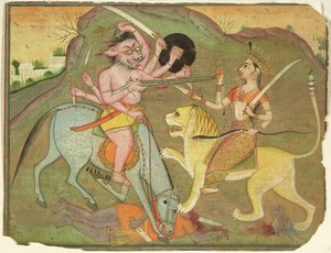 47.110/174 Durga 与 Mahishasura 的战斗，来自“Devi Mahatmya”的作品集，梵文，反面文字，比卡内尔，拉贾斯坦邦，拉杰普特学校 作者 印度学校