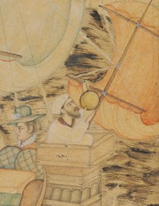 约1590年，印度莫卧儿受海怪袭击的一艘轻快帆船（纸上金色和银色加深的不透明颜料） 作者 印度学校