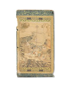 约1590年，印度莫卧儿受海怪袭击的一艘轻快帆船（纸上金色和银色加深的不透明颜料） 作者 印度学校