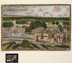 1780年，一位纳瓦布人和他的保留者参加一次狩猎探险（不透明的水彩和纸上的金色） 作者 印度学校