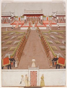 一个Nawab在一个亭子内举行法庭，在一个大道和两头大象之外，c.1765（不透明的wc＆黄金在纸上） 作者 印度学校