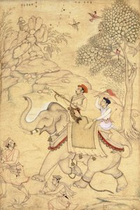 摄于1600-1650年，骑在大象身上的狩猎王子 作者 印度学校