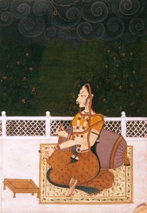 一个美丽的女人坐在靠垫，1775（不透明的卫生纸和黄金在纸上） 作者 印度学校