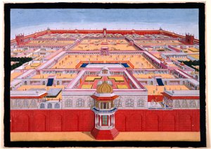 从东面鸟瞰德里红堡，显示一位皇帝，可能是沙-阿拉姆（1759-1806 年）进入右侧的 Diwan-i-Khas，约 1780-90 年（不透明水彩）) 作者 印度学校