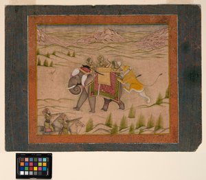 大约1810年，一头狮子在大象顶上袭击狩猎队（不透明的水彩纸上的金色） 作者 印度学校
