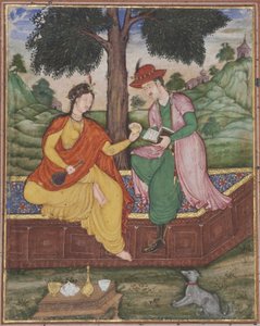 一个男人和一个女人坐在树下，1590年（纸上不透明的wc） 作者 印度学校