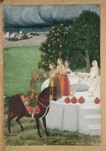 一个骑马的王子在井边接受女士们的水，穆尔西达巴德的微型画，约1760年（纸上水粉画 作者 印度学校
