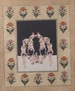 一对恋人坐在由其他缠绵的恋人组成的秋千上，约1830年（纸上水粉画） 作者 印度学校