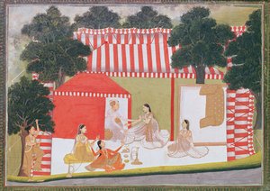 一位王子试图把一位女士拉进他的帐篷;一个女仆和朋友惊讶地看，c.1760（纸上不透明的wc） 作者 印度学校