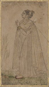 一位公主崇拜太阳，c.1600（不透明的wc和黄金在纸上） 作者 印度学校