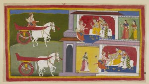 Add 15296 (1) f.72r，左边，苏曼特拉回到阿约提亚，进入宫殿向国王传达罗摩的遗言，国王与考萨亚和苏米特拉坐在一起。国王昏厥过去，被苏曼特拉和王后们抓住。 作者 印度学校