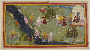 添加 15296 (1) f.79r，Dasaratha 向皇后们讲述了他年轻时在狩猎时意外杀死圣人儿子的事件。 左边，达萨拉塔错误地将弓箭穿过树林瞄准了年轻人，后者正在另一边的水罐里注水 作者 印度学校