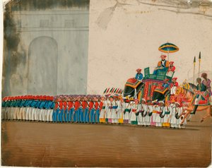印度艺术：骑大象的苏丹（骑大象的苏丹）水粉画，约 1800 年暗淡 18.6x23.5 厘米私人收藏 作者 印度学校