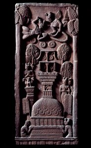 佛教。"Mahaparinirva a ou parinirvana，佛陀尘世存在的终结，达到涅槃"（Parinirvana，最后的涅槃，在佛陀的身体死亡后发生）细节du stupa de Bharhut（Barhut，Barouth） 黑色的低浮雕 作者 印度学校