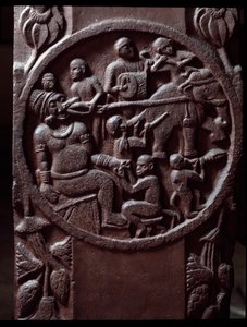 佛教：“猴子抓住一头大象，拖着它拔出巨人的牙齿）detail du stupa de Bharhut (Barhut, Barouth) 黑色石头的浅浮雕，公元前 2 世纪（公元前 2 世纪）——加尔各答，印度博物馆 作者 印度学校