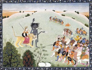 杜尔加（Durga）和卡利（Kali）站在恶魔的前进主人面前，约1800-1820年 作者 印度学校