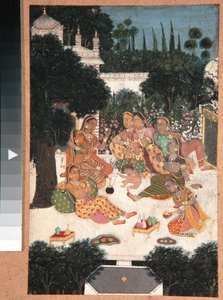 宫殿露台上有八个女人和一个孩子，1760（纸上不透明的wc） 作者 印度学校