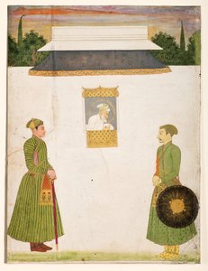 皇帝Aurangzeb在jharokha窗口，前景中的两个贵族，c.1710（纸上不透明的黄金） 作者 印度学校