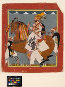 骑马水手和仆人的拉贾·比姆·辛格（Raja Bhim Singh），约1820年（不透明w - c，纸上金和银） 作者 印度学校