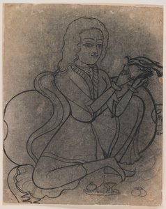 喂养鹦鹉的欧洲女孩，c.1780（墨水在纸上，pounced为transer） 作者 印度学校