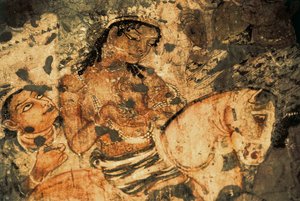 Figure of a woman on the back of a horse, Mural painting in the Ajanta caves (number 1), Gupta period, 5th-6th century (painting) 作者 印度学校